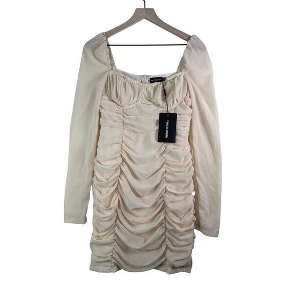 Cream Ruched Long Sleeve Mini Prom Dress Sheer Sleeves Square Neck‎ Bodycon Sz S - Picture 6 of 16